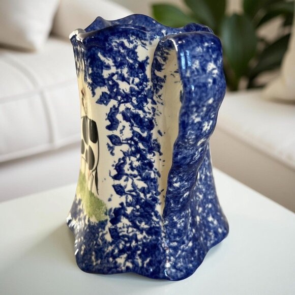 Molly Dallas Pottery Blue Spatterware Folk Art Cow Rooster Pitcher Jug Carafe - Picture 3 of 10